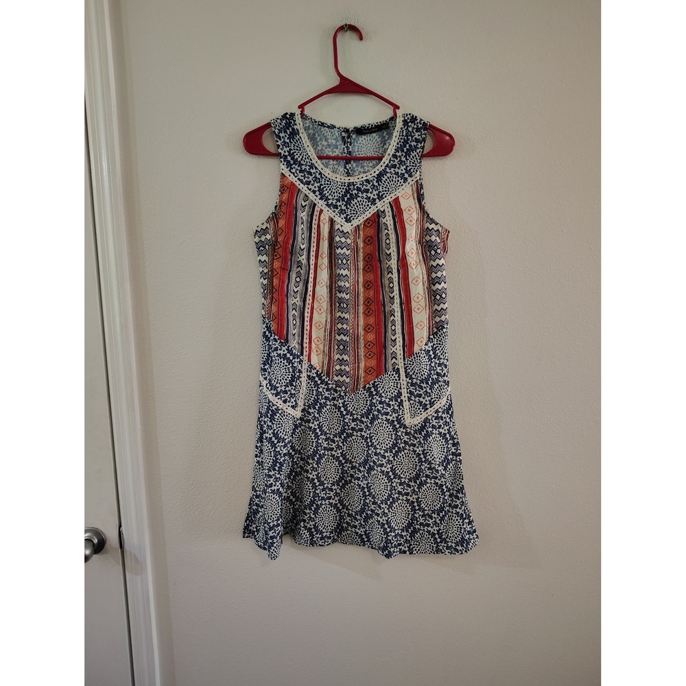 Doe & Rae Womens Mixed Print Boho Mini Dress Blue Red Geometric Floral Small